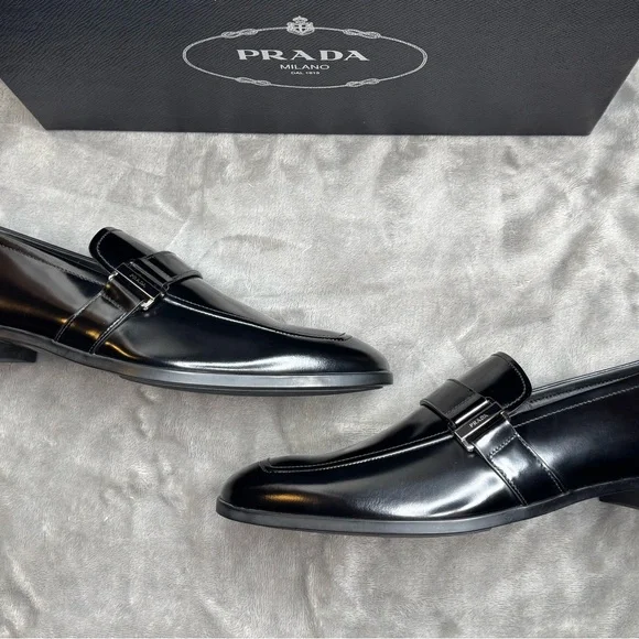 Prada Black Loafers Slip-Ons Classic Design PRADA Chocolate $1200 Black Brushed Leather Loafers New And  main image 3